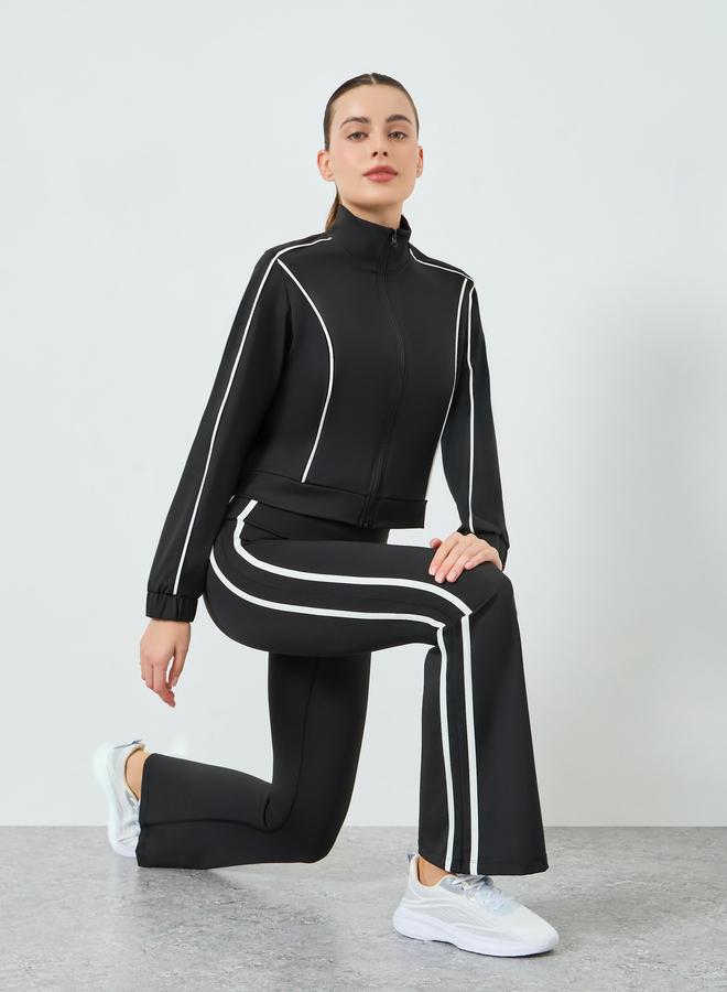 Styli Active Women Black Contour Piping Full Zip Jacket and and Flared Pants Set - Image 1