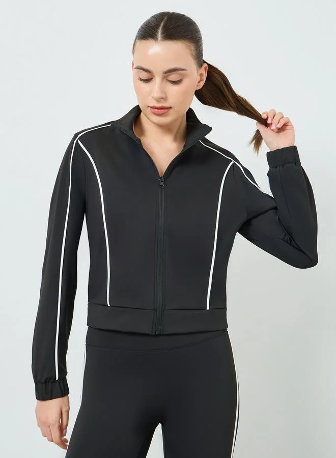 Styli Active  Women Black Contour Piping Full Zip Jacket and and Flared Pants Set for Women | Best Price UAE