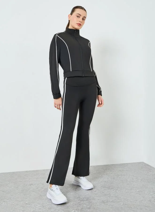 ستايلي اكتيف طقم نسائي جاكيت بسحاب كامل وبنطلون واسع بلمسات محددة أسود