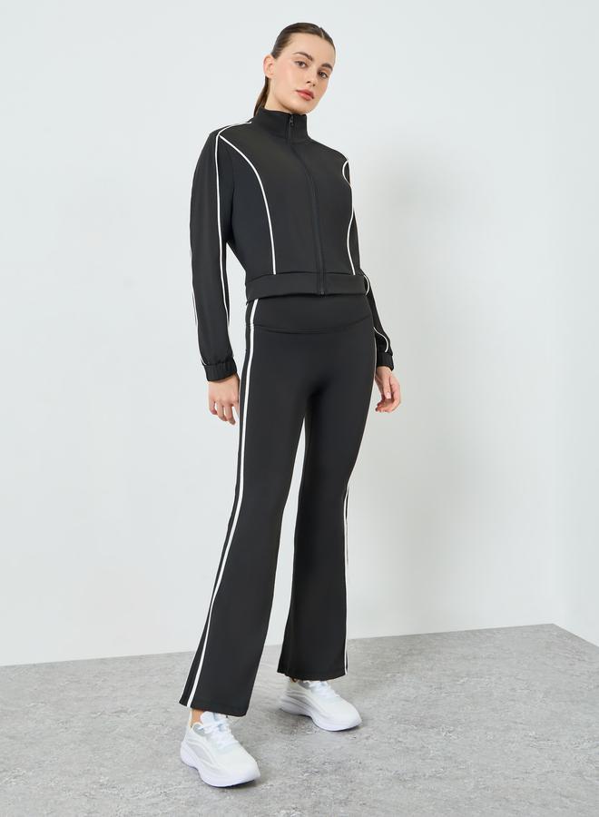 Styli Active Women Black Contour Piping Full Zip Jacket and and Flared Pants Set - Image 2