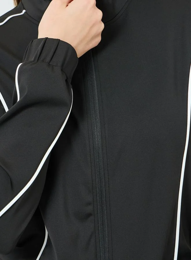 Styli Active  Women Black Contour Piping Full Zip Jacket and and Flared Pants Set for Women | Best Price UAE