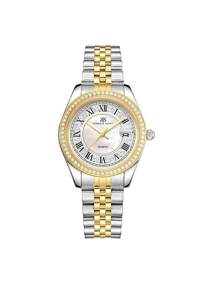 كينيث سكوت Kenneth Scott K23544-TBTW Women Analog Display Watch & Solid Stainless Steel Strap Two Tone Gold