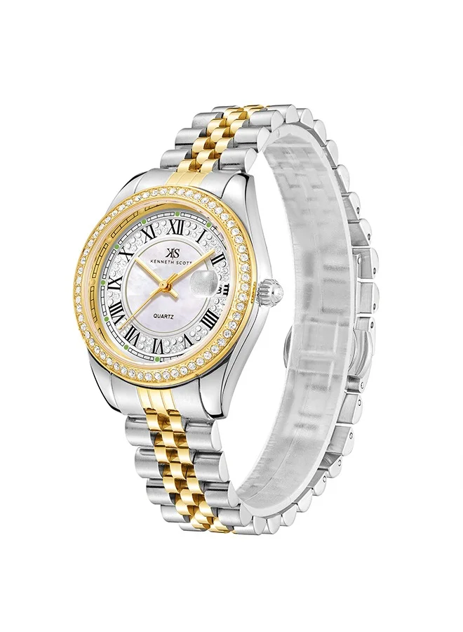 كينيث سكوت Kenneth Scott K23544-TBTW Women Analog Display Watch & Solid Stainless Steel Strap Two Tone Gold