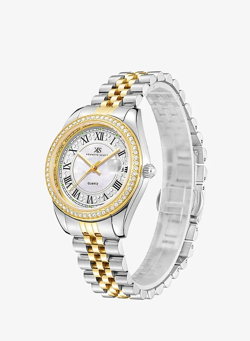كينيث سكوت Kenneth Scott K23544-TBTW Women Analog Display Watch & Solid Stainless Steel Strap Two Tone Gold