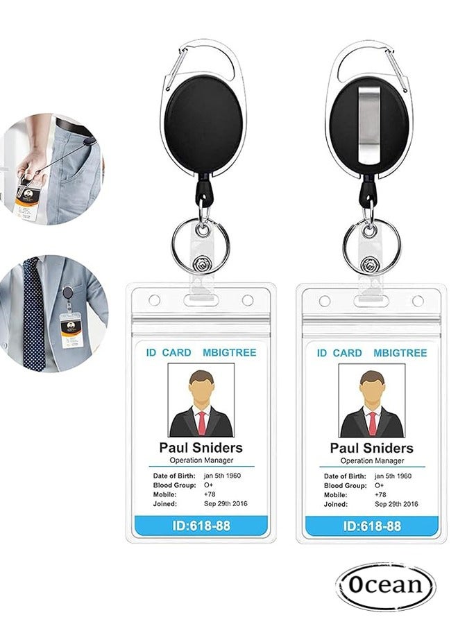 Ocean 2 Pack ID Badge Holder With Clip,Badge Reels Retractable Heavy Duty Clear Id Card Vertical Lanyard Holder with Carabiner Badge Reel With 24 inches Pull Cord - Image 1