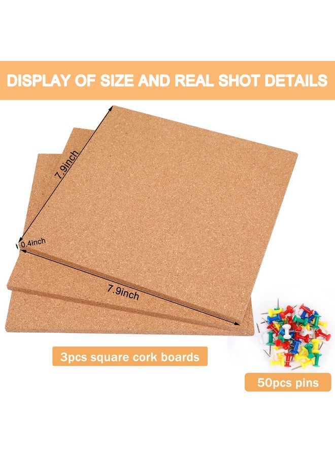 FEBSNOW Ard, Febsnow 3 Pack Strong Self-Adhesive Cork Board Tiles Square 7.9 * 7.9Inch Cork Boards For Walls Bulletin Board With 50 Multi-Color Push Pins  - Image 2