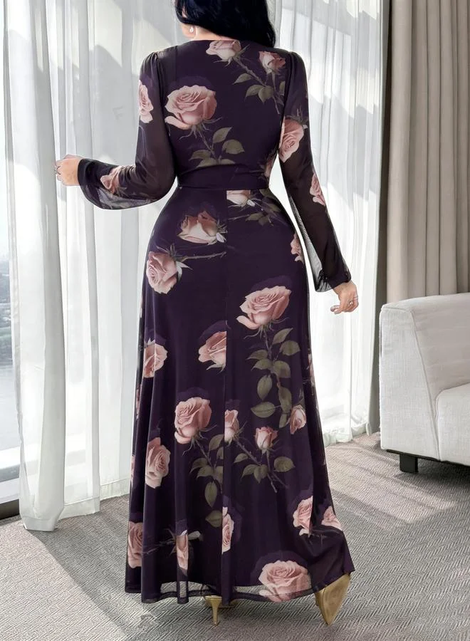 Take Two Purple Rose Print V Neck A-Line Maxi Dress