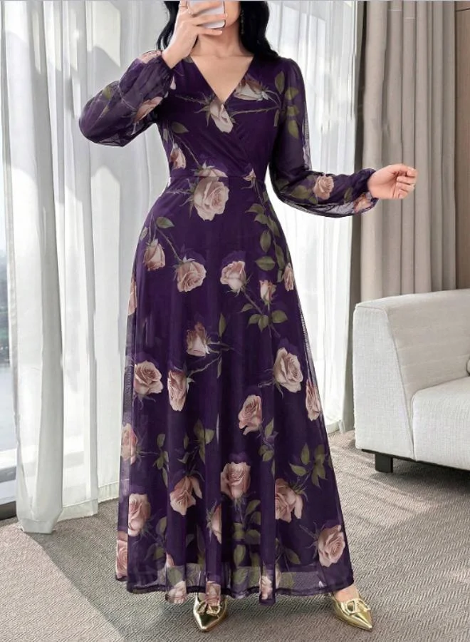 Take Two Purple Rose Print V Neck A-Line Maxi Dress