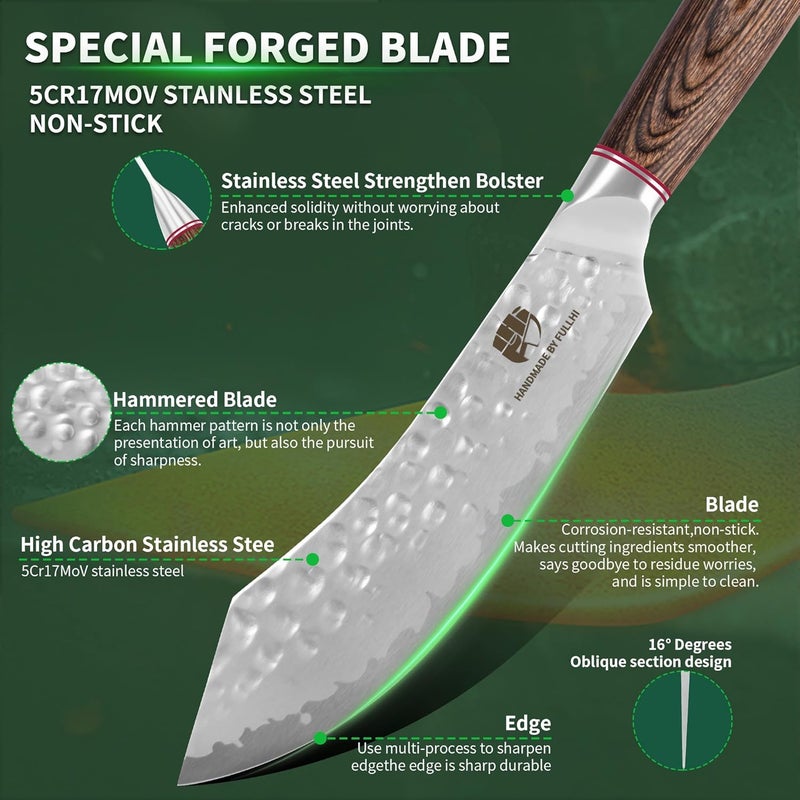 FULLHI Hammered Blade Kitchen Knife with Guard, Non-stick Chef's Knives, Pakka Wood Handle Japanese Knife, Premium German Stainless Steel Kitchen Knives with Sheath (7.1 inch) - Image 4