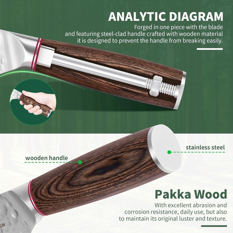 FULLHI Hammered Blade Kitchen Knife with Guard, Non-stick Chef's Knives, Pakka Wood Handle Japanese Knife, Premium German Stainless Steel Kitchen Knives with Sheath (7.1 inch) - Image 5
