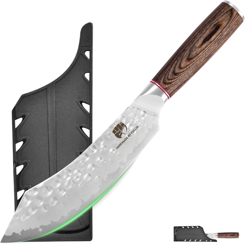 FULLHI Hammered Blade Kitchen Knife with Guard, Non-stick Chef's Knives, Pakka Wood Handle Japanese Knife, Premium German Stainless Steel Kitchen Knives with Sheath (7.1 inch) - Image 1