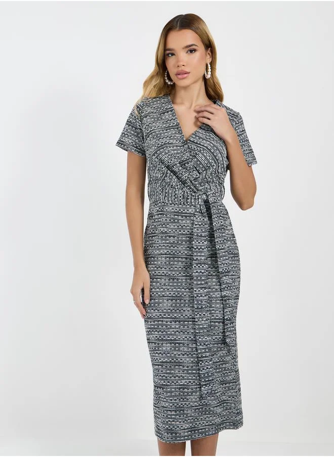 Styli Textured Short Sleeves Wrap Midi Dress