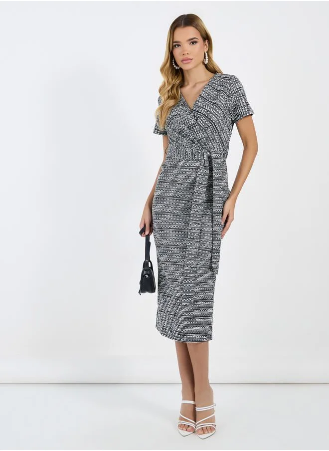 Styli Textured Short Sleeves Wrap Midi Dress