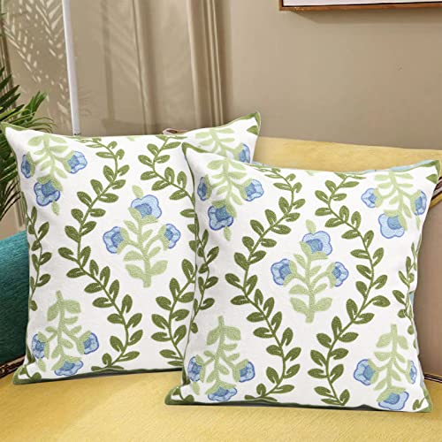 Pilmandu Set of 2 Embroidered Decorative Throw Pillow Covers Couch Square Pillowcases Cushion for Bedroom Sofa Farmhouse Decor 18x18 Inch (Blue Floral) - Image 2