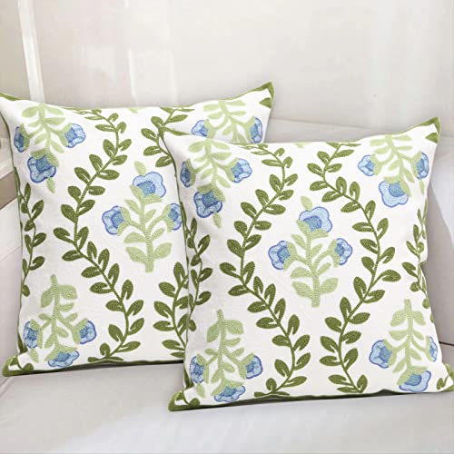 Pilmandu Set of 2 Embroidered Decorative Throw Pillow Covers Couch Square Pillowcases Cushion for Bedroom Sofa Farmhouse Decor 18x18 Inch (Blue Floral) - Image 3