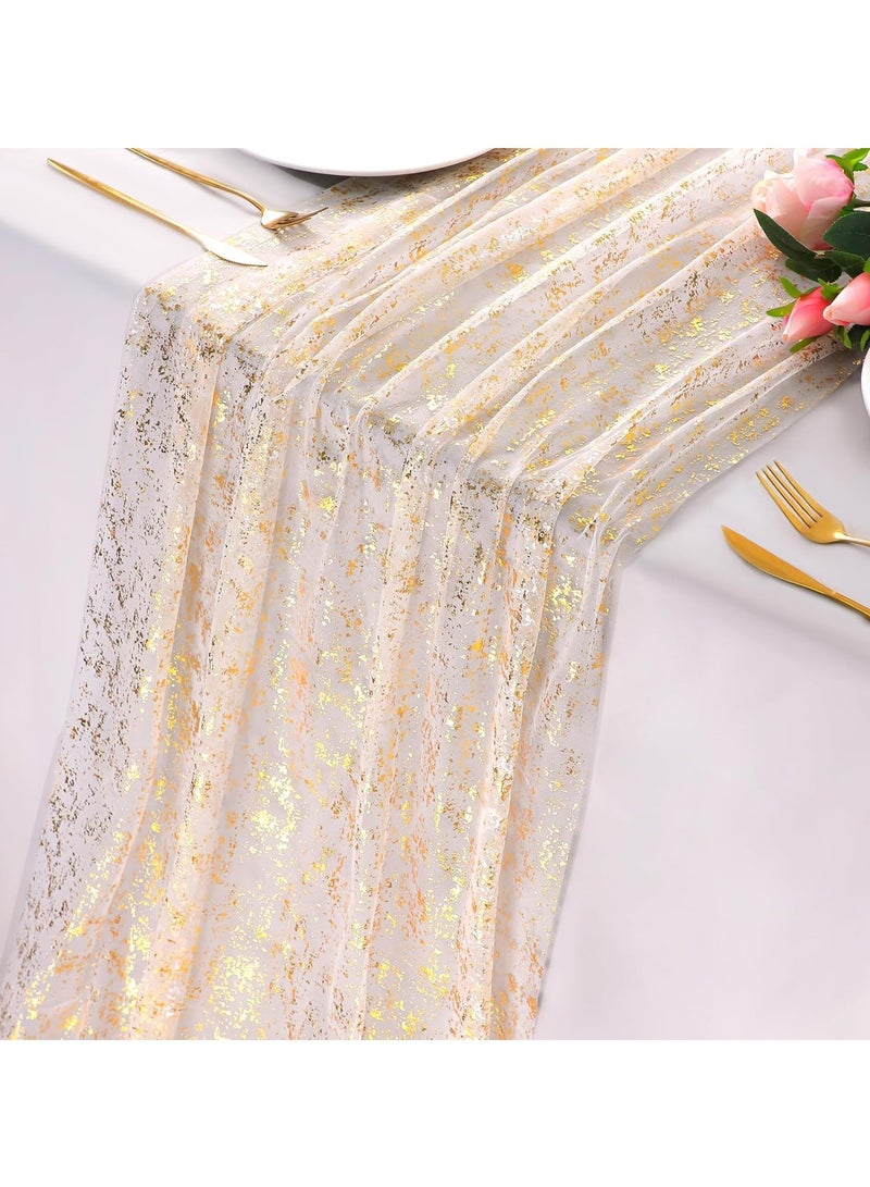 10 Ft Gold Table Runner, Sheer Chiffon Tulle Cheesecloth Golden Sequin Glitter Metallic Foil, Gold Party Table Decorations Centerpiece for Wedding Birthday Christmas Bridal Baby Shower  - Image 1