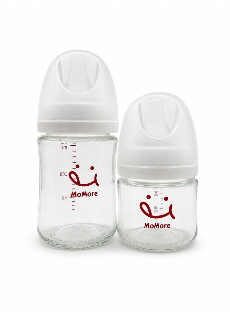 MoMore Glass Baby Feeding Bottle Set (80ml + 160ml) - Anti-Colic Wide Neck Nursing Bundle with Natural Breast-Like Nipples for Newborns & Infants 0M-1M+ - BPA Free, Heat Resistant & Easy to Clean - Image 1