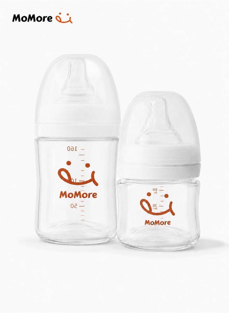 MoMore Glass Baby Feeding Bottle Set (80ml + 160ml) - Anti-Colic Wide Neck Nursing Bundle with Natural Breast-Like Nipples for Newborns & Infants 0M-1M+ - BPA Free, Heat Resistant & Easy to Clean - Image 1