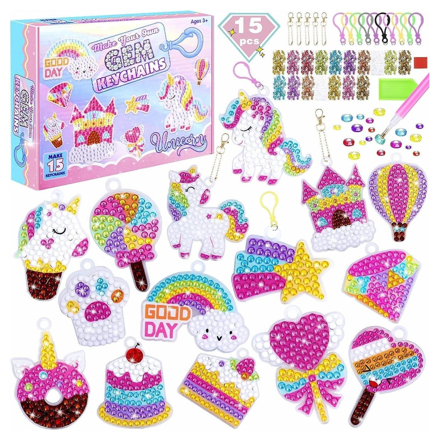 15Pcs Diamond Painting Art Kits for Kids 5D Diamond Arts and Crafts for Girls Ages 3+ Diamond Painting Keychains Ring for Unicorn Gift Box Gem Art Supplies Gem Star Cake Rainbow Keychains