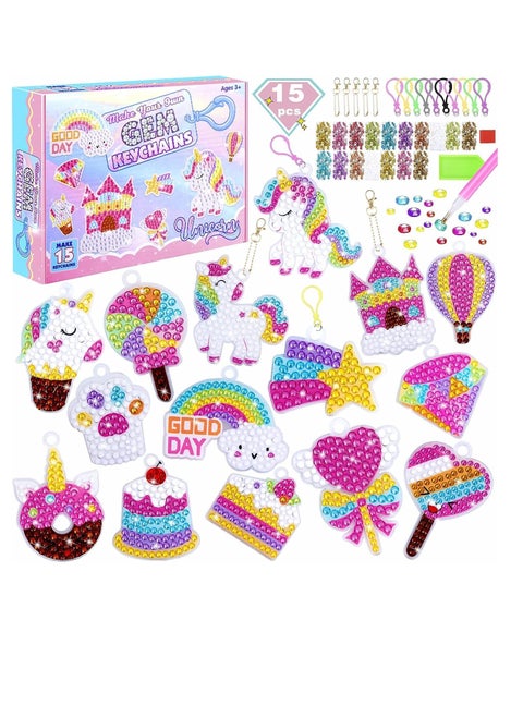 15Pcs Diamond Painting Art Kits for Kids 5D Diamond Arts and Crafts for Girls Ages 6-12 Diamond Painting Keychains Ring for Unicorn Gift Box Gem Art Supplies Gem Star Cake Rainbow Keychains