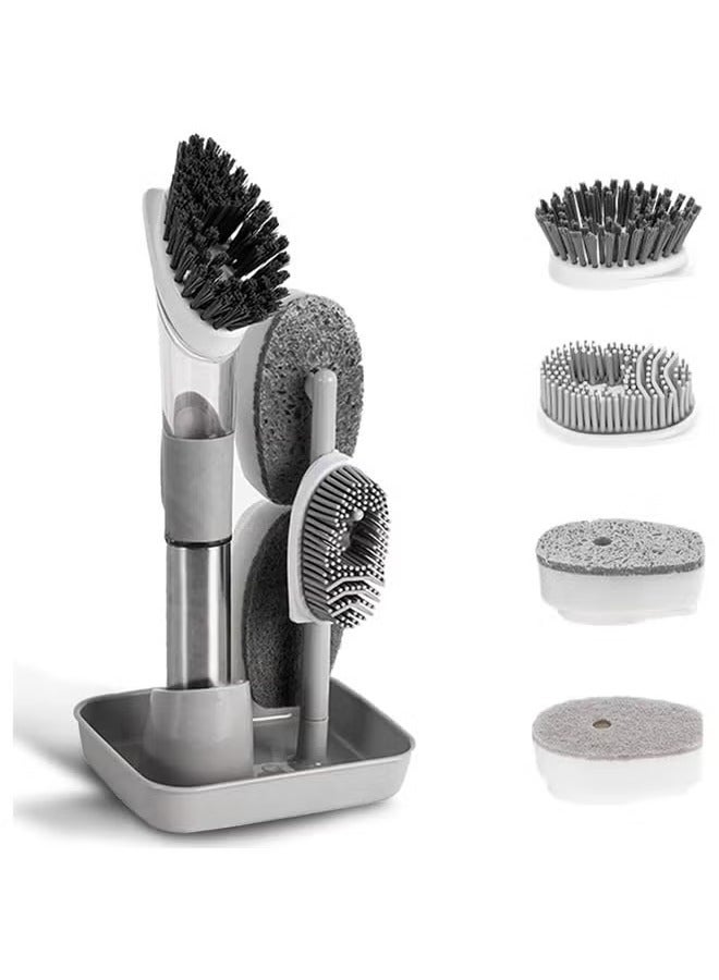 Arabest Dish Cleaning Brush, Soap Dispensing Dish Brush Set with 4 Replacement Heads and Storage Holder, Kitchen Scrub Brush for Dish Pot Pan Sink Cleaning (Grey) - Image 1