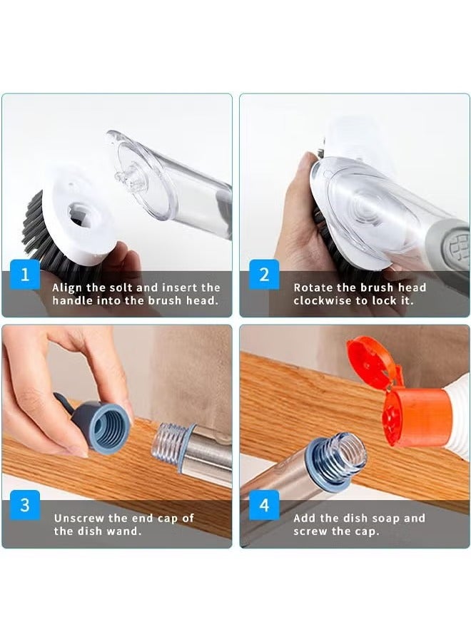 Arabest Dish Cleaning Brush, Soap Dispensing Dish Brush Set with 4 Replacement Heads and Storage Holder, Kitchen Scrub Brush for Dish Pot Pan Sink Cleaning (Grey) - Image 3