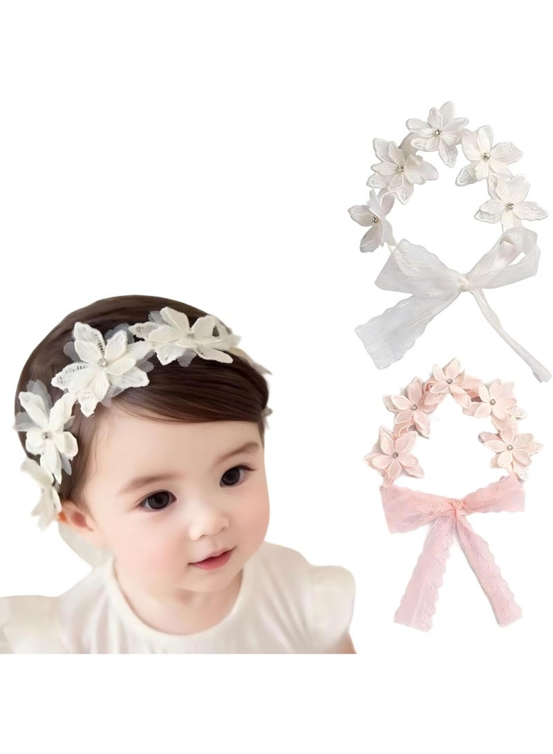 ATRJSZ 2 Pcs Baby Girls Cute Bow-knot Headband, Soft Lace Floral Hairbands Kids Hair Accessories - Image 1