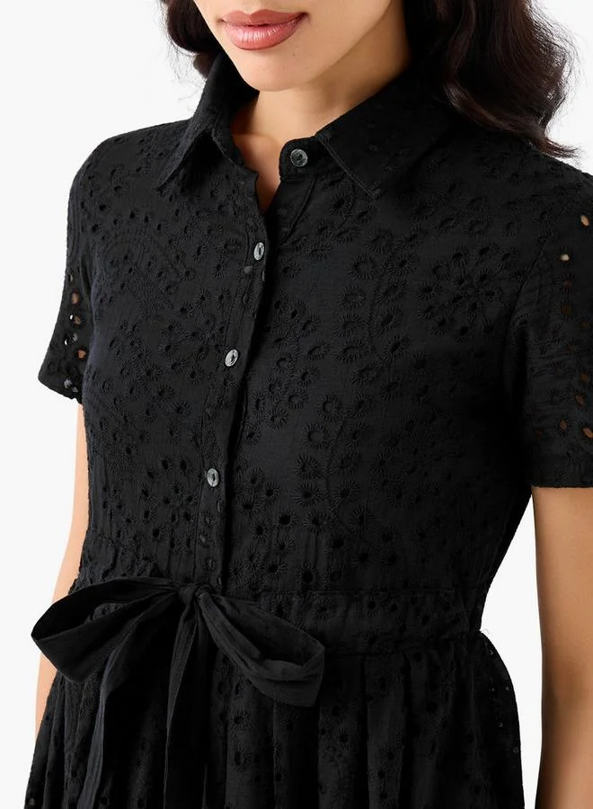 2Xtremz 2Xtremz Belted Midi Cotton Shirt Dress with Schiffli Embroidery