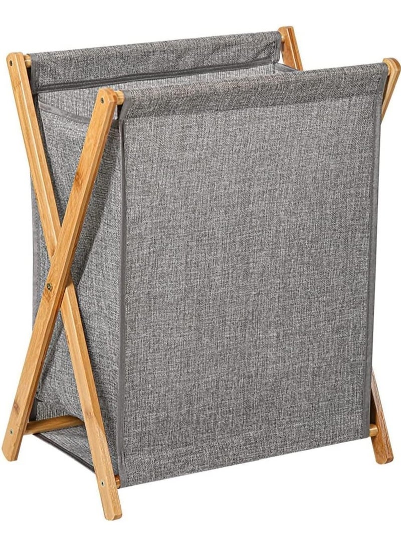 Bamboo Laundry Hamper Sorter Cart Portable and Collapsible Folding Clothes Laundry Basket Storage with Removable Liner Bag(Grey) - Image 1