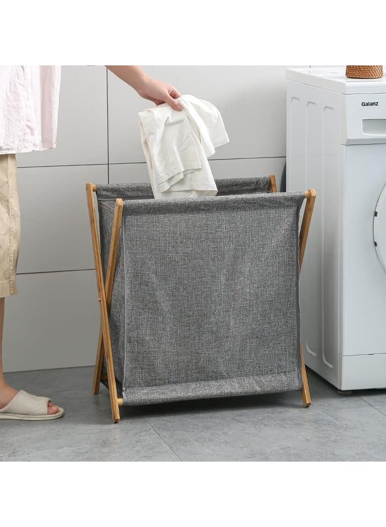 Bamboo Laundry Hamper Sorter Cart Portable and Collapsible Folding Clothes Laundry Basket Storage with Removable Liner Bag(Grey) - Image 4