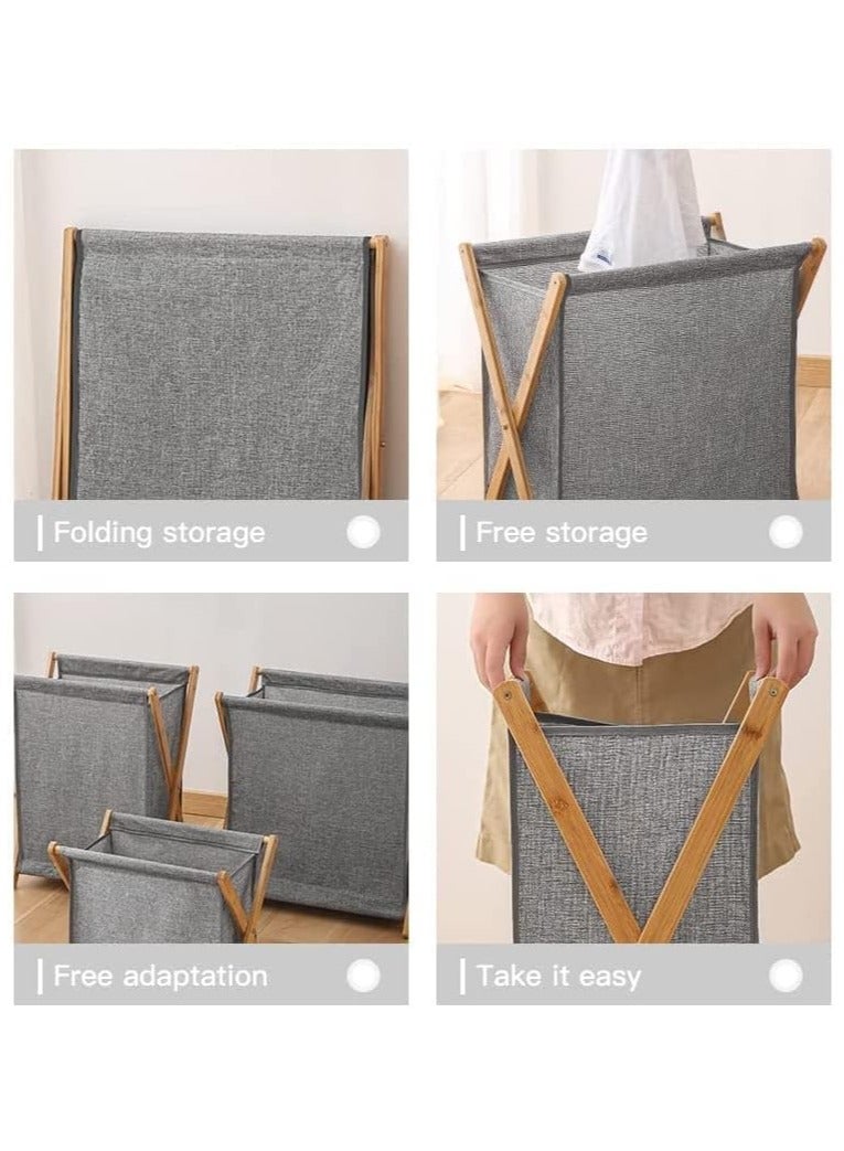 Bamboo Laundry Hamper Sorter Cart Portable and Collapsible Folding Clothes Laundry Basket Storage with Removable Liner Bag(Grey) - Image 5