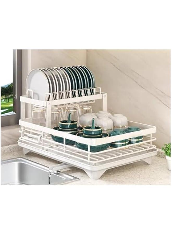 MIXDE Dish Drying Rack Large Capacity 2 Tier Dish Drying Rack Multifunctional Rustproof Dish Drainers for Kitchen Counter with Drainboard Leak-Proof Spout,Large Utensil Holder, Cup Holder (White A) - Image 1