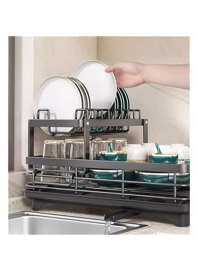 MIXDE Dish Drying Rack Large Capacity 2 Tier Dish Drying Rack Multifunctional Rustproof Dish Drainers for Kitchen Counter with Drainboard Leak-Proof Spout,Large Utensil Holder, Cup Holder (White A) - Image 3