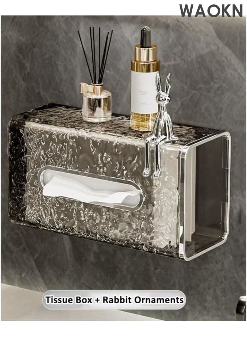 WAOKN Bath wall Mounted Tissue Holder, Glacier Pattern Paper Organizer Dispenser, Perforation-Free Plastic Tissue Box, Bring a rabbit ornament，Large Tissue Storage Box for Kitchen, Bathroom, Home, Office, grey. - Image 1