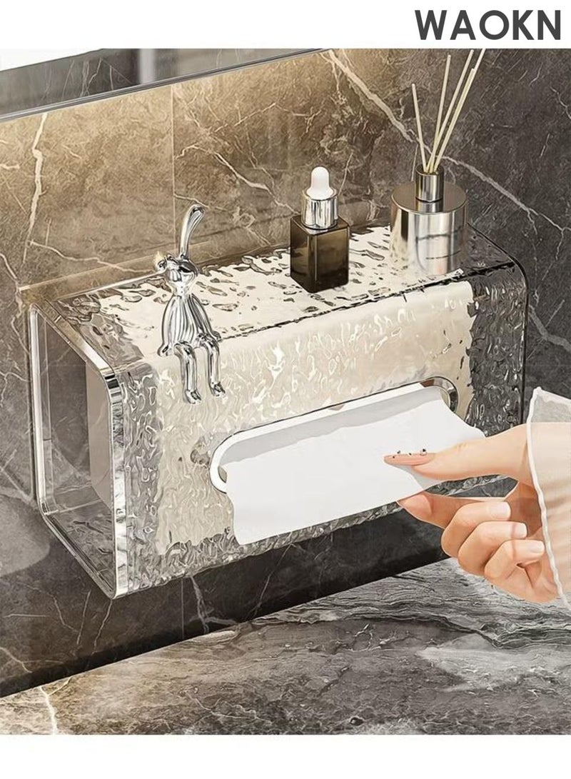 WAOKN Bath wall Mounted Tissue Holder, Glacier Pattern Paper Organizer Dispenser, Perforation-Free Plastic Tissue Box, Bring a rabbit ornament，Large Tissue Storage Box for Kitchen, Bathroom, Home, Office, grey. - Image 3