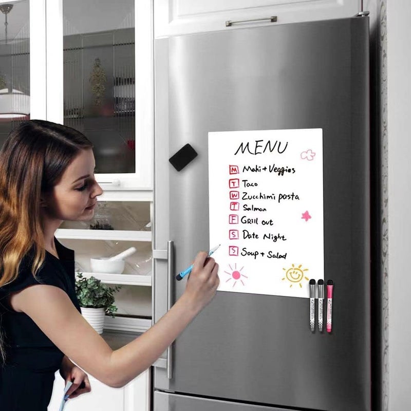 CUHIOY Magnetic Whiteboard Fridge 30 x 20cm White Board for Home Kitchen Menu Meal Shopping List, Office Dry Erase Board Daily Weekly Planner, Graffiti Magnet Notice Memo Board 4 Marker Pens 1 Eraser - Image 2