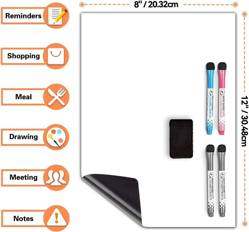 CUHIOY Magnetic Whiteboard Fridge 30 x 20cm White Board for Home Kitchen Menu Meal Shopping List, Office Dry Erase Board Daily Weekly Planner, Graffiti Magnet Notice Memo Board 4 Marker Pens 1 Eraser - Image 4