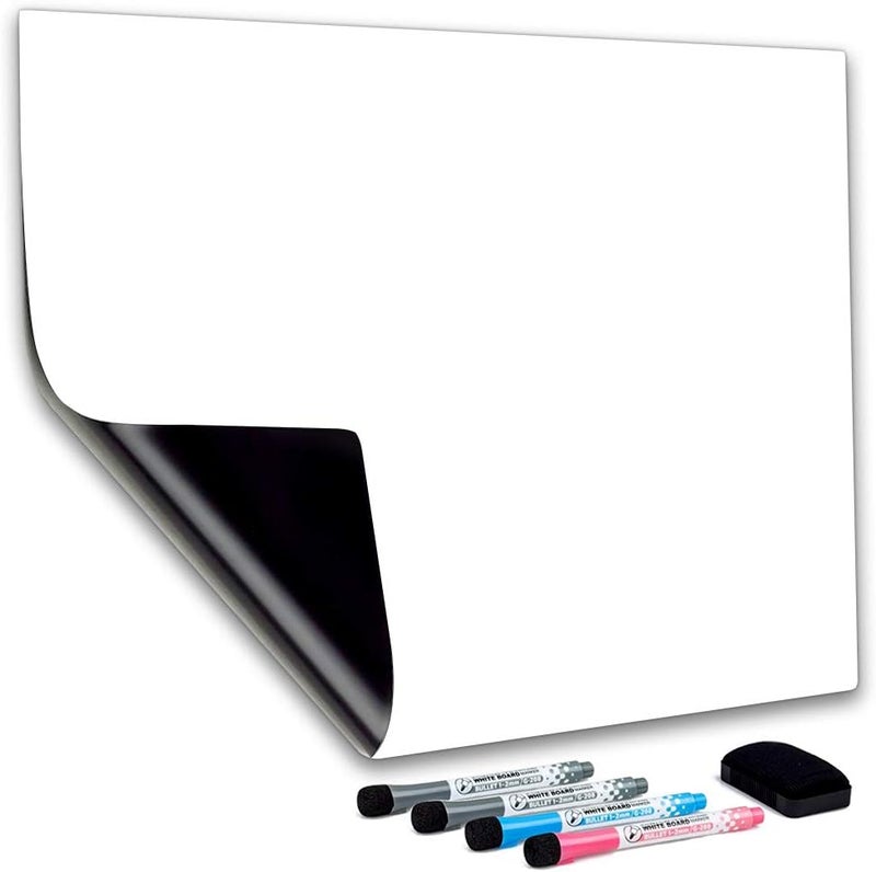 CUHIOY Magnetic Whiteboard Fridge 30 x 20cm White Board for Home Kitchen Menu Meal Shopping List, Office Dry Erase Board Daily Weekly Planner, Graffiti Magnet Notice Memo Board 4 Marker Pens 1 Eraser - Image 1