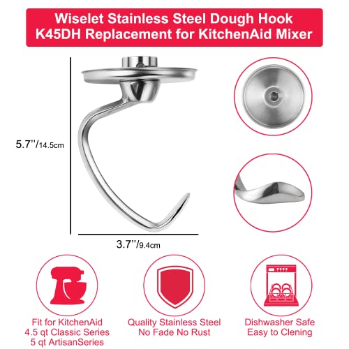 Wiselet Stainless Steel Dough Hook for KitchenAid Bowl-L Professional 600&Pro 5 Plus Mixer, Heavy Duty, Dishwasher Safe Fit for KSM5 KV25G0X KV25G8X KV25H0X KP26M1X KP26M8X - Image 4