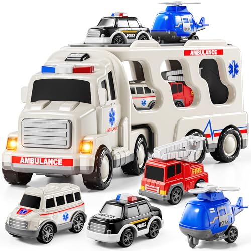 JUKUDAHU 5in 1 Play Ambulance Toy Vehicle Toddler Truck Toys for 3 4 5 6 7 Year Old Boys Friction Powered Cars with Light and Sound Police Car Fire Truck Ambulance Car Birthday Gifts for Kids - Image 1