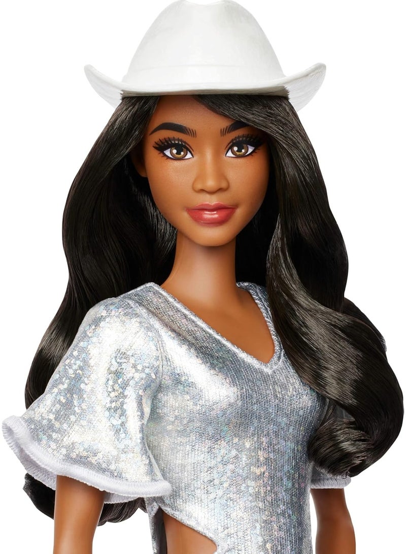 Barbie Fashionistas Doll #239 with Black Hair Wearing Sparkly Silver Fringe Dress with Western Accessories like White Cowboy Hat and Boots, HYT95 - Image 4