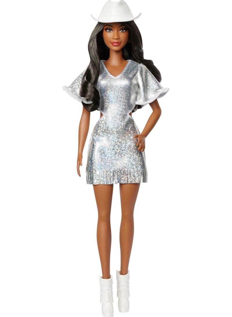 Barbie Fashionistas Doll #239 with Black Hair Wearing Sparkly Silver Fringe Dress with Western Accessories like White Cowboy Hat and Boots, HYT95 - Image 1