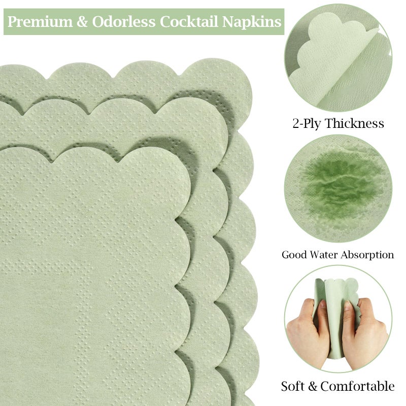 Hoiny 100 Pcs Cocktail Napkins, 2-Ply 5 x 5 Inches Disposable Scalloped Napkins, Thick Premium Dessert Napkins for Party, Wedding, Dinner, Birthday, Anniversary, Festival (Sage Green) - Image 3
