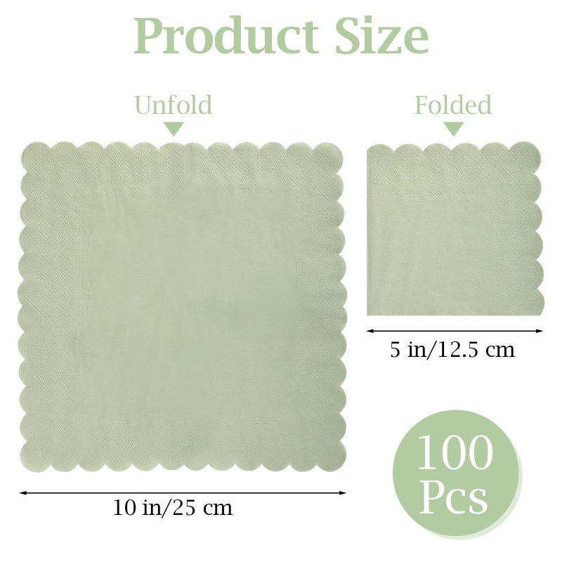 Hoiny 100 Pcs Cocktail Napkins, 2-Ply 5 x 5 Inches Disposable Scalloped Napkins, Thick Premium Dessert Napkins for Party, Wedding, Dinner, Birthday, Anniversary, Festival (Sage Green) - Image 2