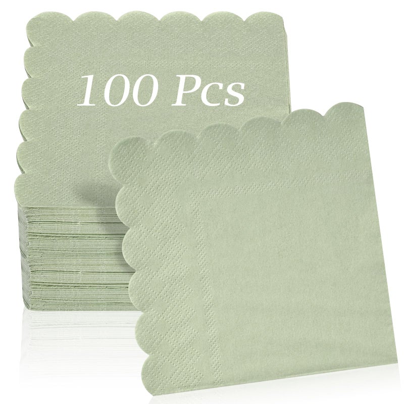 Hoiny 100 Pcs Cocktail Napkins, 2-Ply 5 x 5 Inches Disposable Scalloped Napkins, Thick Premium Dessert Napkins for Party, Wedding, Dinner, Birthday, Anniversary, Festival (Sage Green) - Image 1