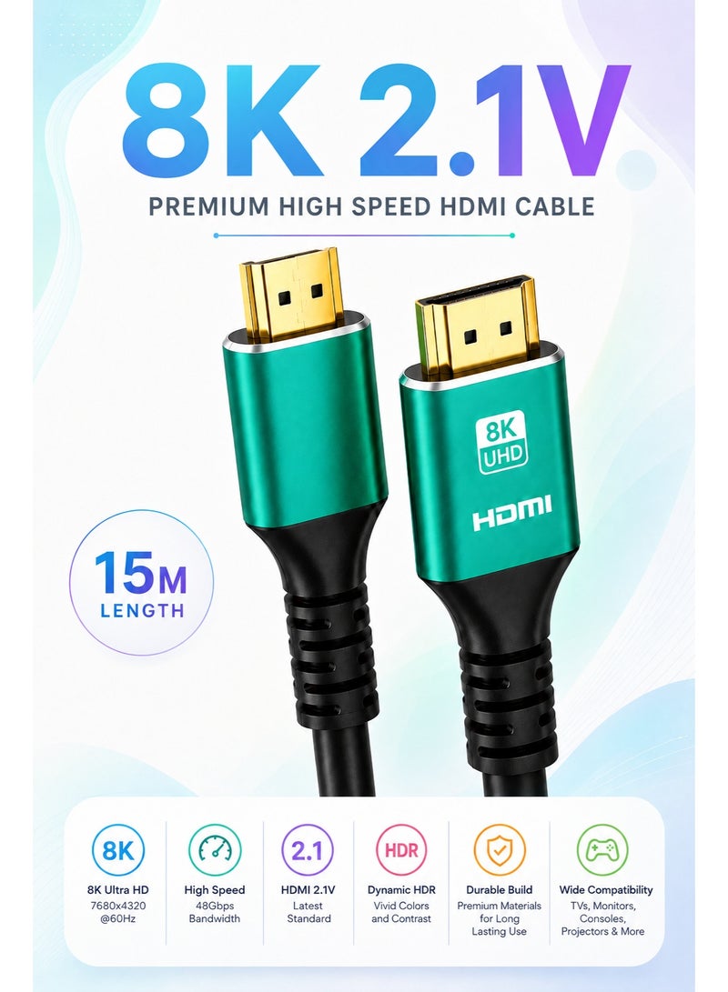 ​كابل كونف كابل HDMI 2.1 بدقة 8K، طول 15 مترًا، يدعم دقة 8K بمعدل 60 هرتز، و4K بمعدل 120 هرتز، و2K بمعدل 240 هرتز، و1080P بمعدل 240 هرتز، بسرعة نقل بيانات تصل إلى 48 جيجابت في الثانية، ويدعم تقنيات 3D، وHDR، وHDCP، وeARC، وDolby. كابل HDMI فائق السرعة لأجهزة الكمبيوتر المحمولة، وأجهزة الكمبيوتر المكتبية، والشاشات، وأجهزة العرض، وأجهزة التلفزيون، وأجهزة PS4، وPS5، وXbox، وSwitch، وأجهزة التلفزيون عالية الدقة، وكاميرات DSLR. - Image 1
