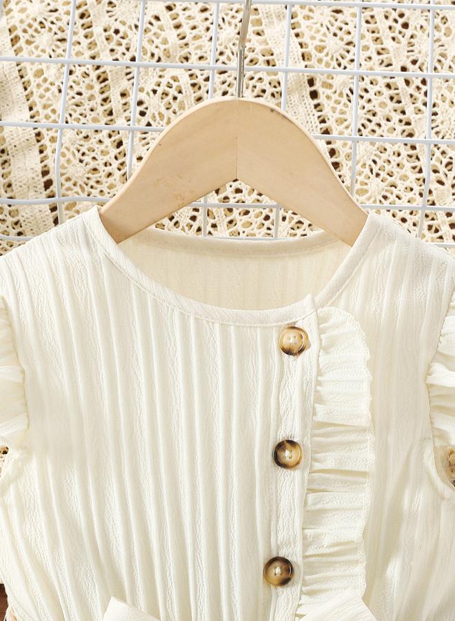 تايك تو جمبسوت واسع الأرجل بحزام وتفاصيل أزرار باللون البيج للفتيات - Image 3