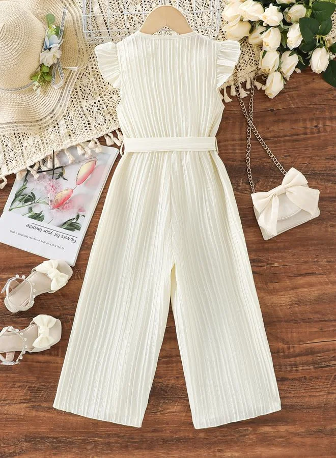 Take Two Take Two Girls Beige Button Detail Belted Wide Leg Jumpsuit
