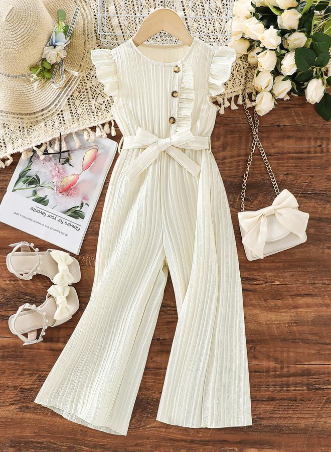 تايك تو جمبسوت واسع الأرجل بحزام وتفاصيل أزرار باللون البيج للفتيات - Image 1