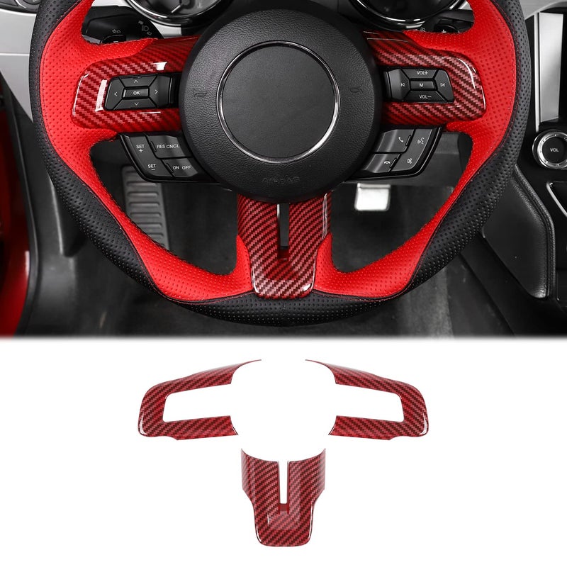 CheroCar for Ford Mustang Steering Wheel Cover Decoration Trim Kit Interior Accessories for 20152025 Ford Mustang Red Carbon Fiber